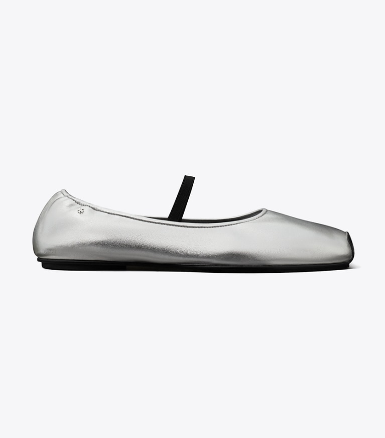 Tory Burch designer flats Runway Ballet in SILVER / PERFECT BLACK angle