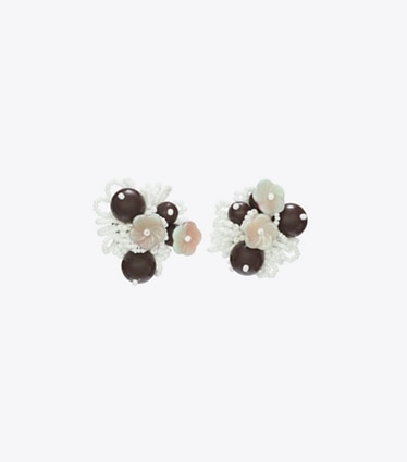 Tory Burch designer earrings Runway Beaded Cluster Earrings in Tory Silver front