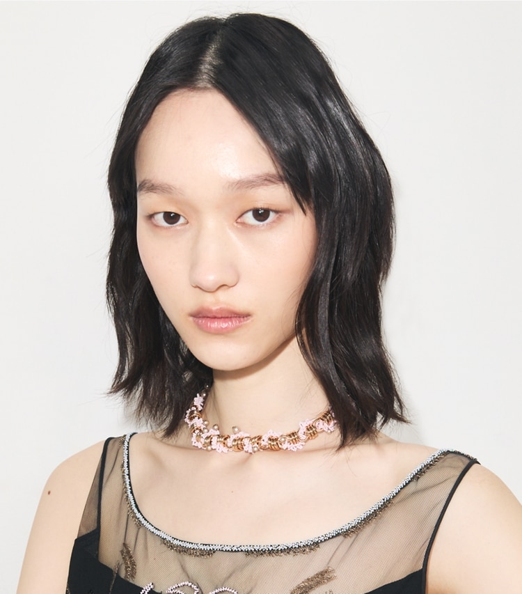 Tory Burch designer necklaces Runway Beaded Necklace in Matte Hematite / Pink accessory on model