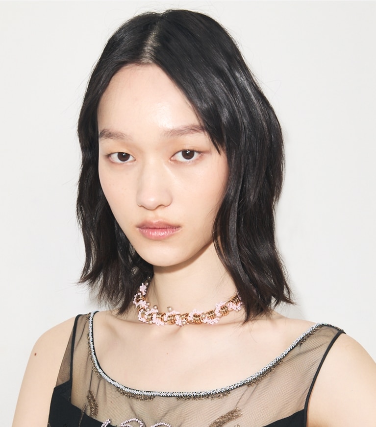 Tory Burch designer necklaces Runway Beaded Necklace in Matte Hematite / Pink accessory on model