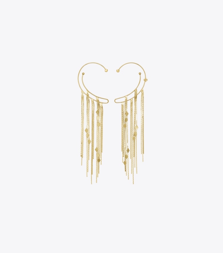 Tory Burch designer イヤリング＆ピアス チェーン イヤーカフ in Light Brass / Crystal front