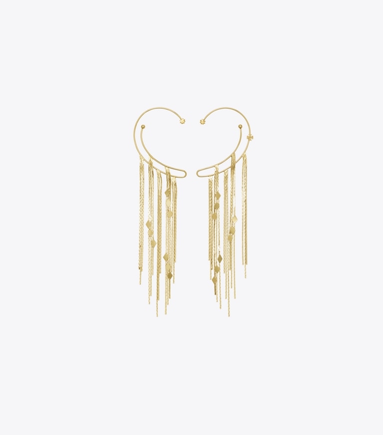 Tory Burch designer イヤリング＆ピアス チェーン イヤーカフ in Light Brass / Crystal front