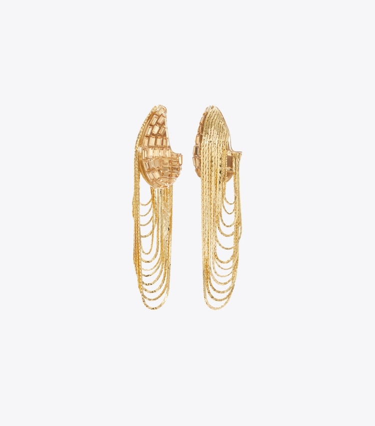 Tory Burch designer earrings Runway Chain Earrings in Light Brass / Crystal detail
