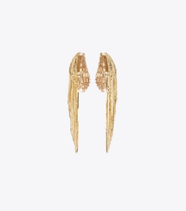 Tory Burch designer earrings Runway Chain Earrings in Light Brass / Crystal front