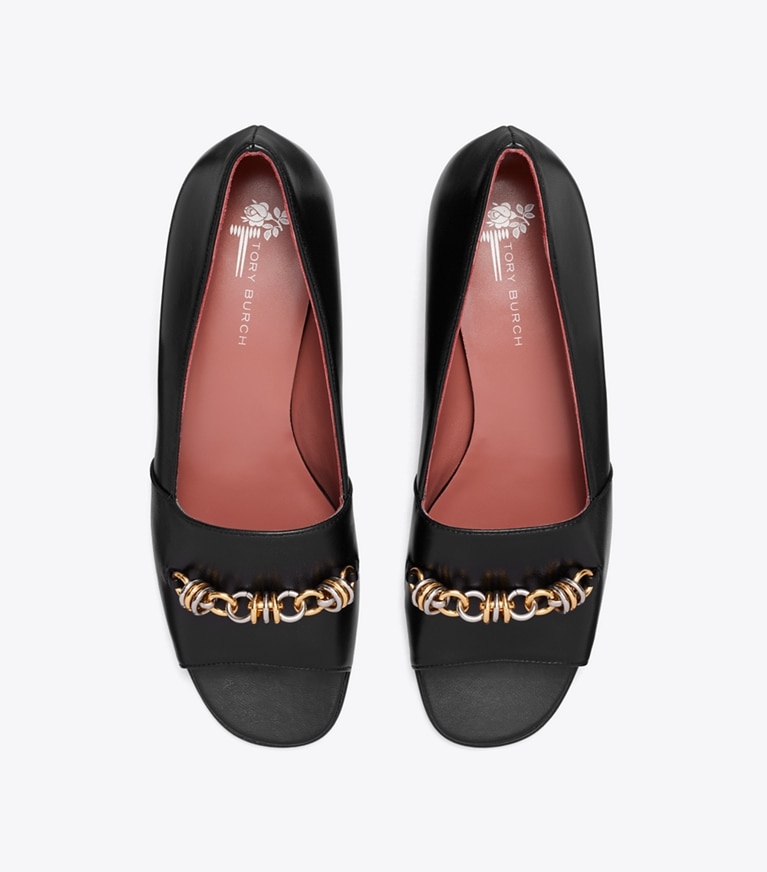 Tory Burch designer flats Runway Chain Peep-Toe in PERFECT BLACK overhead