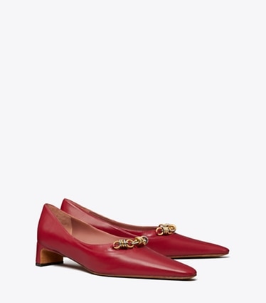Tory Burch designer heels Runway Chain Pump in DARK RUBY angle