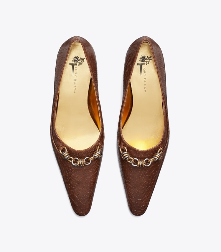 Tory Burch designer heels Runway Chain Pump in KHAKI overhead