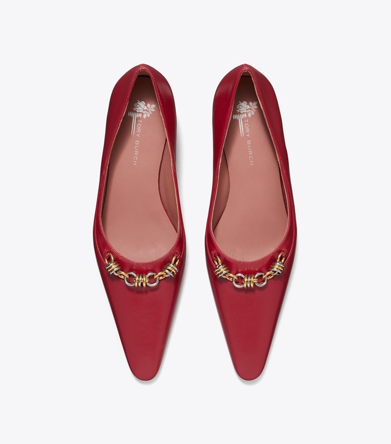 Tory Burch designer heels Runway Chain Pump in DARK RUBY overhead