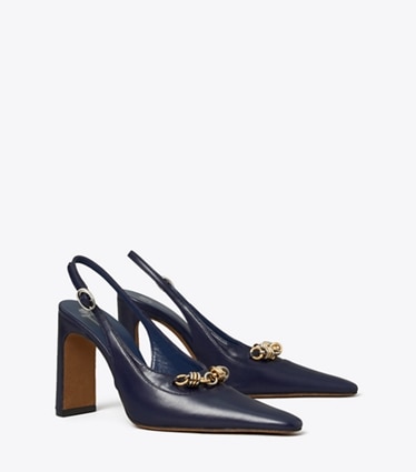 Tory Burch designer heels Runway Chain Slingback in INK BLOT angle