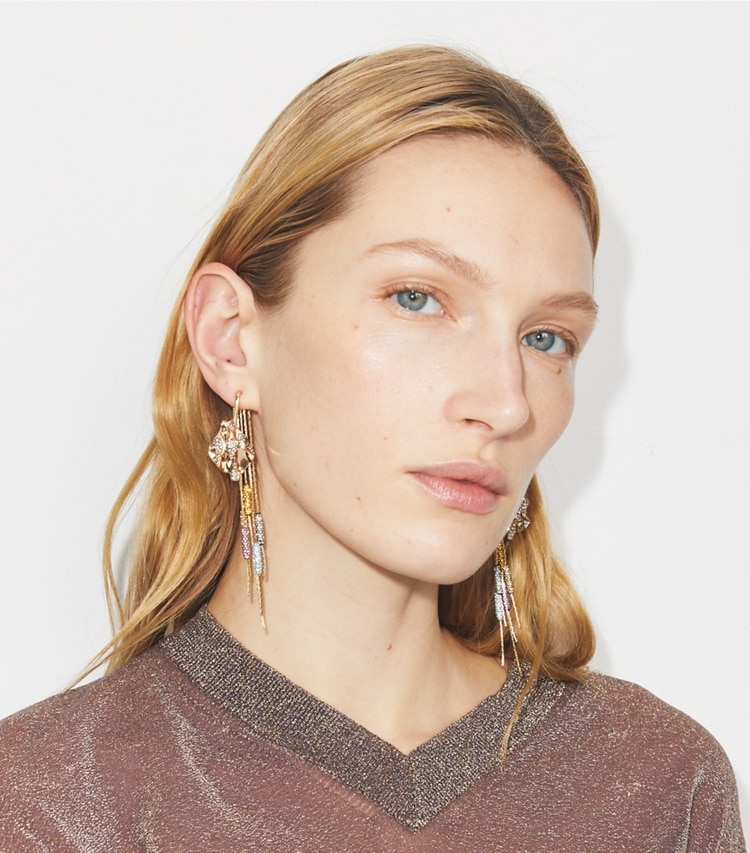 Tory Burch designer earrings Runway Embellished Front-Back Earrings in GOLD / Crystal accessory on model