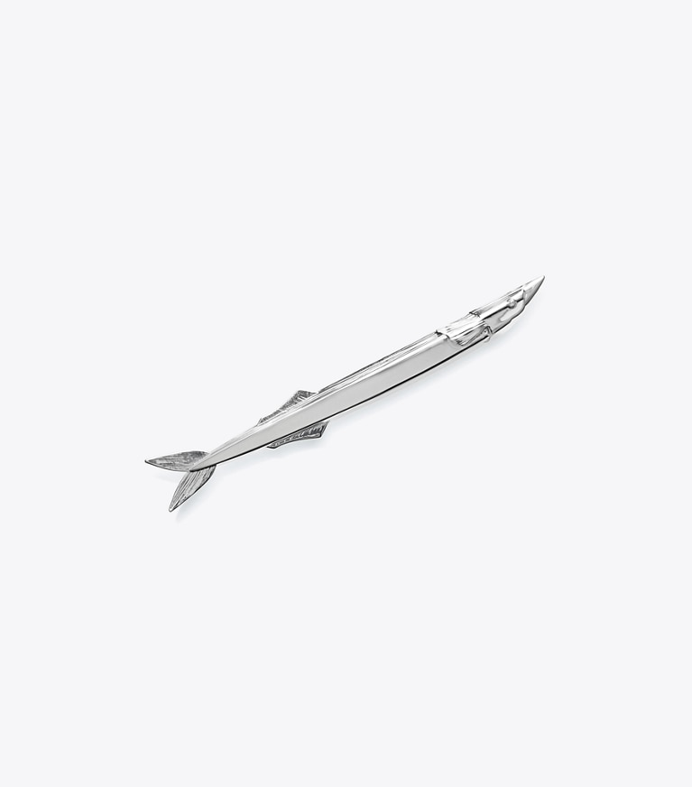 Tory Burch designer haarnadeln Runway Fisch-Anstecknadel in Light Silver front