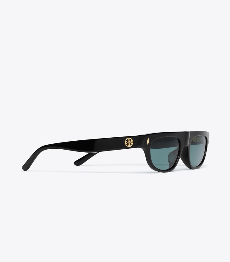 Tory Burch designer sunglasses & eyewear Runway Flat-Top Sunglasses in BLACK/DARK GREEN detail