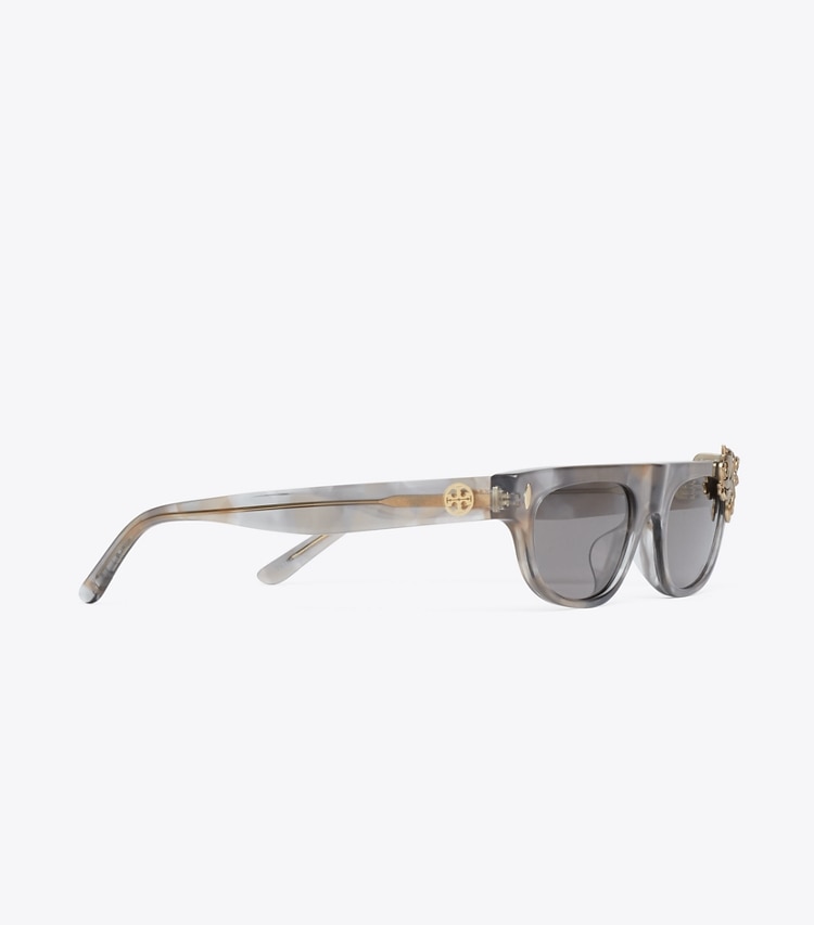 Tory Burch designer sunglasses & eyewear Runway Flat-Top Sunglasses in SPOTTED TRANSPARENT GREY/GREY detail
