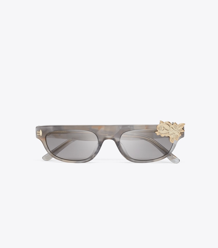 Tory Burch designer sunglasses & eyewear Runway Flat-Top Sunglasses in SPOTTED TRANSPARENT GREY/GREY overhead