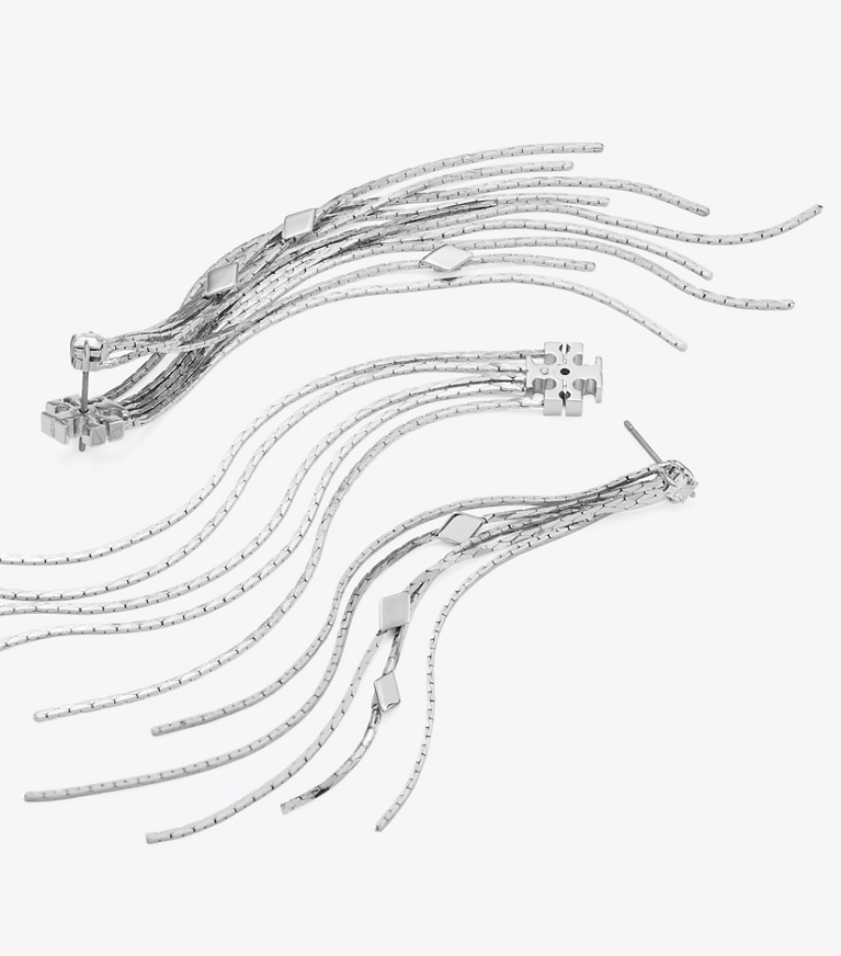 Tory Burch designer earrings Runway Front-Back Chain Earrings in Tory Silver / Crystal front