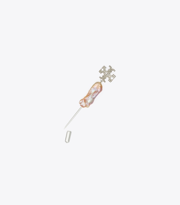 Tory Burch designer hair pins Runway Logo Pearl Pin in Tory Silver front
