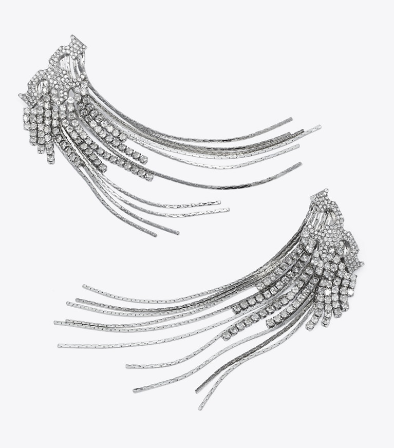 Tory Burch designer earrings Runway Pavé Serif T Earrings in Tory Silver / Crystal front