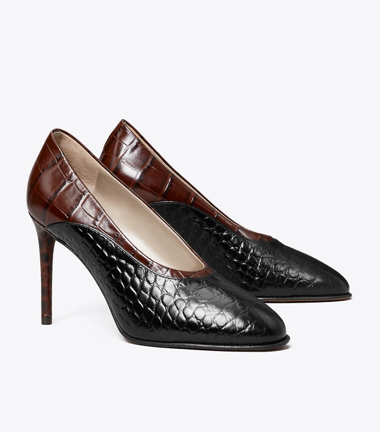 Tory Burch designer heels Runway Pump in RICH MAHOGANY / PERFECT BLACK angle