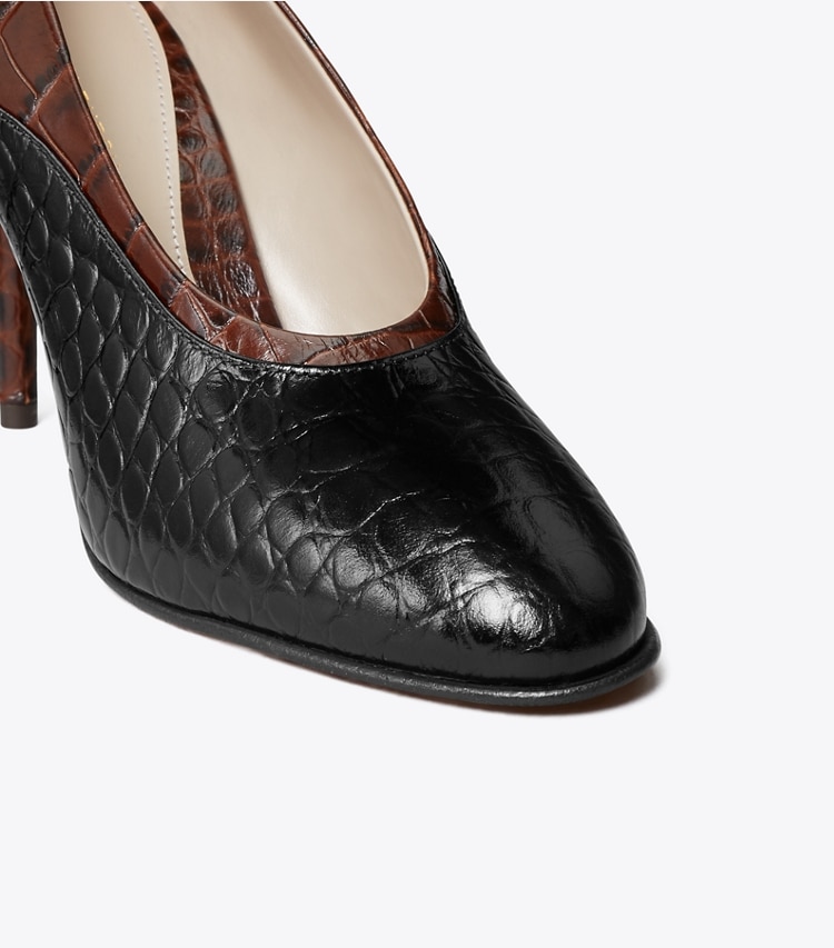 Tory Burch designer heels Runway Pump in RICH MAHOGANY / PERFECT BLACK detail