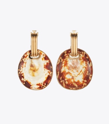 Tory Burch designer earrings Runway Shell Drop Earrings in Light Brass front