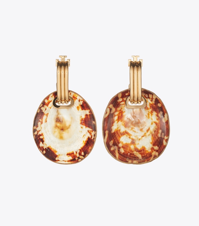 Tory Burch designer earrings Runway Shell Drop Earrings in Light Brass front