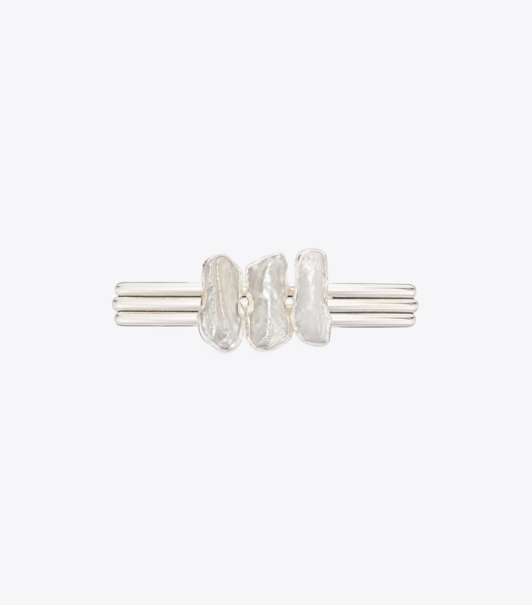 Tory Burch designer hair pins Runway Stacked Pearl Pin in Tory Silver front