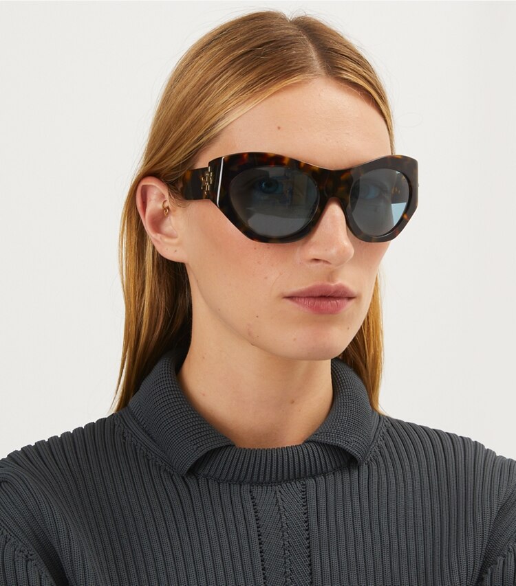 Tory Burch designer sunglasses & eyewear Runway Sunglasses in TORTOISE/BLUE accessory on model