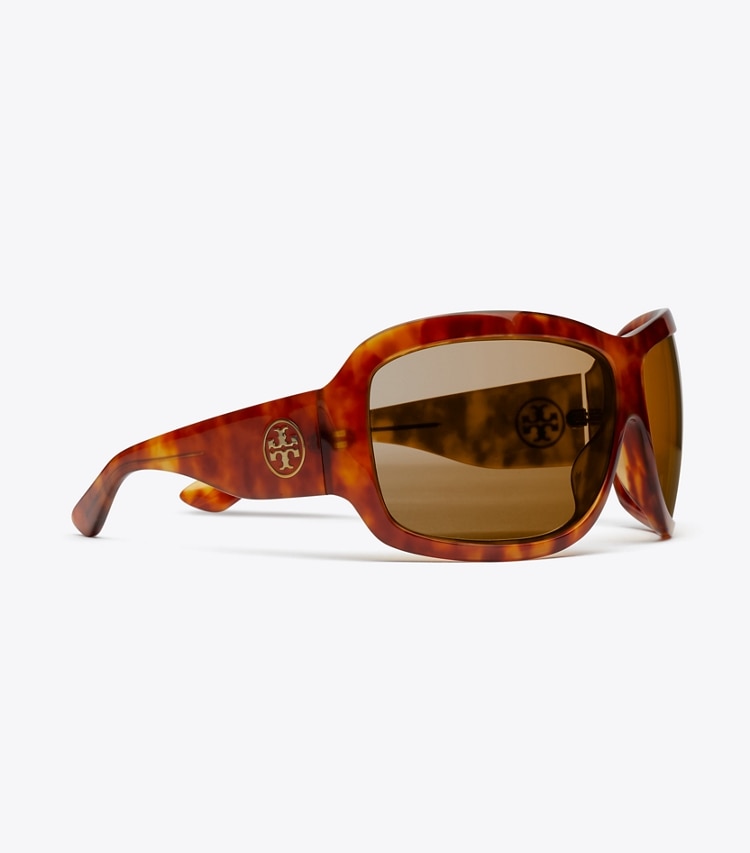 Tory Burch designer sunglasses & eyewear Runway Wrap Sunglasses in ORANGE TORTOISE/DARK BROWN detail