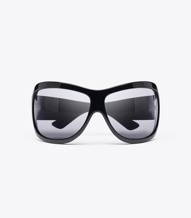 Tory Burch designer sunglasses & eyewear Runway Wrap Sunglasses in BLACK/DARK GREY overhead