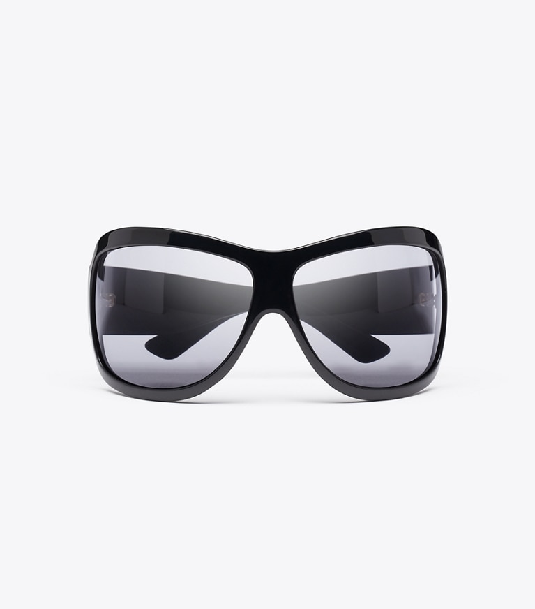 Tory Burch designer sunglasses & eyewear Runway Wrap Sunglasses in BLACK/DARK GREY overhead