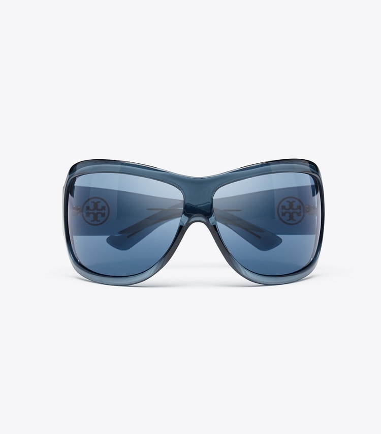 Tory Burch designer sunglasses & eyewear Runway Wrap Sunglasses in TRANSPARENT NAVY/DARK BLUE overhead