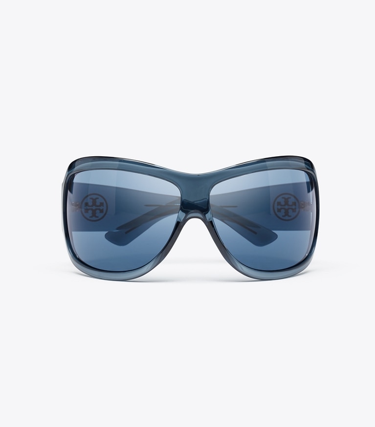 Tory Burch designer sunglasses & eyewear Runway Wrap Sunglasses in TRANSPARENT NAVY/DARK BLUE overhead