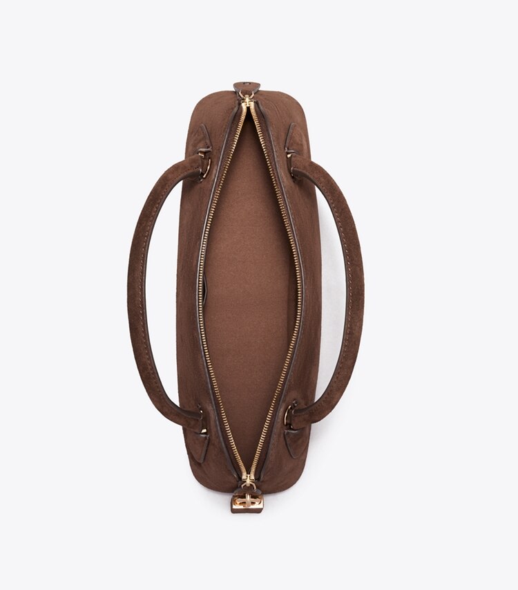 Tory Burch designer sacs à bandoulière Sac à anse Lock en daim in DARK COCOA dessus