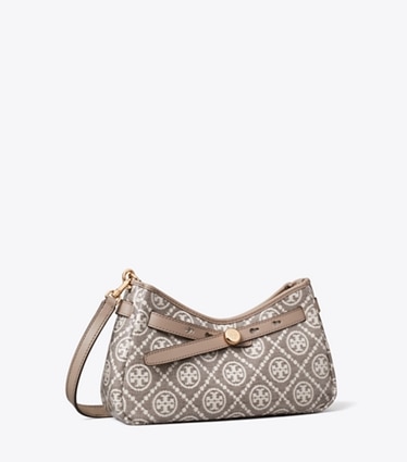 Tory Burch designer sacs à bandoulière Sac à bandoulière à glissière Romy en jacquard ciré à motif T monogram dans Charcoal angle