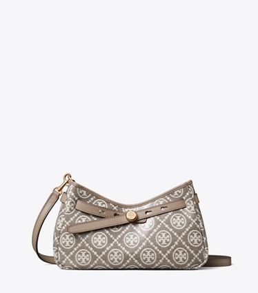 Tory Burch designer sacs à bandoulière Sac à bandoulière à glissière Romy en jacquard ciré à motif T monogram dans Charcoal de face
