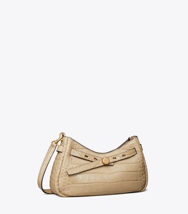 Tory Burch designer sacs à bandoulière Sac à bandoulière à glissière sur le dessus Romy embossé façon croco dans Light Hickory angle