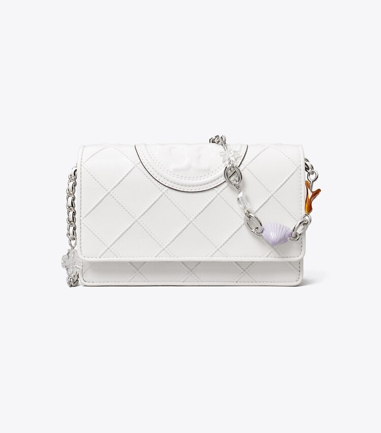 Tory Burch designer mini sacs Sac à bandoulière chaîne Fleming avec charms in Cirrus Cloud front