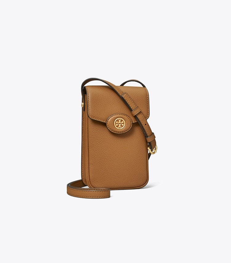 Tory Burch designer mini sacs Sac à bandoulière pour téléphone Robinson en cuir grainé in Tiger'S Eye angle