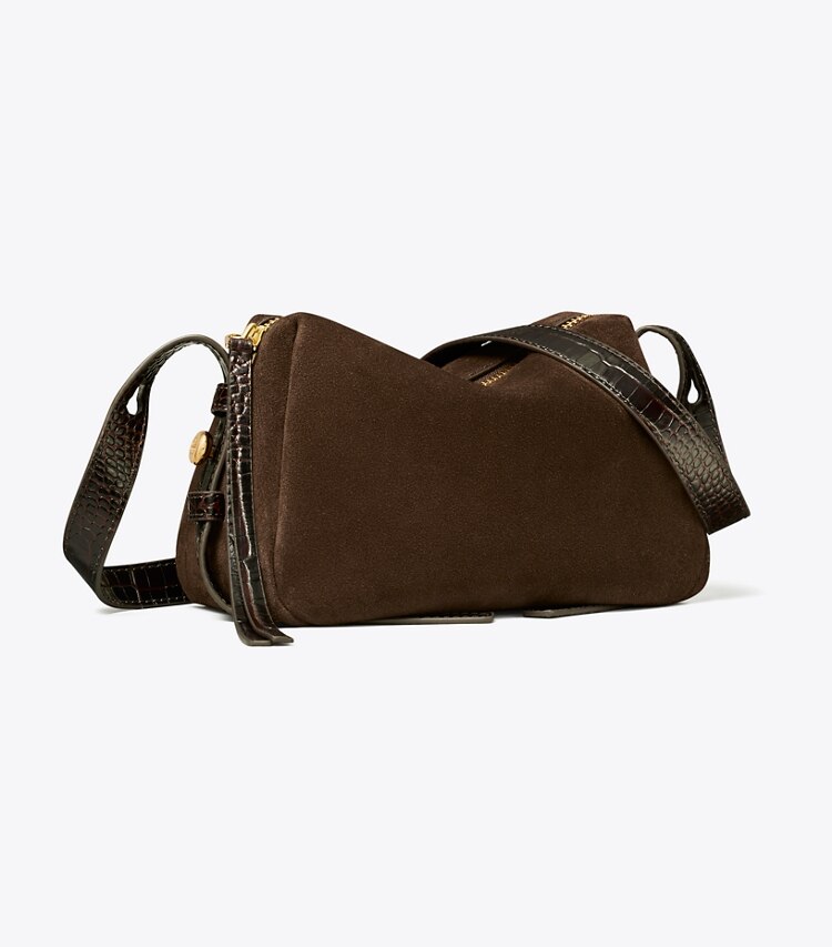 Tory Burch designer sacs à bandoulière Sac à bandoulière souple Romy en suède dans Dark Cocoa angle