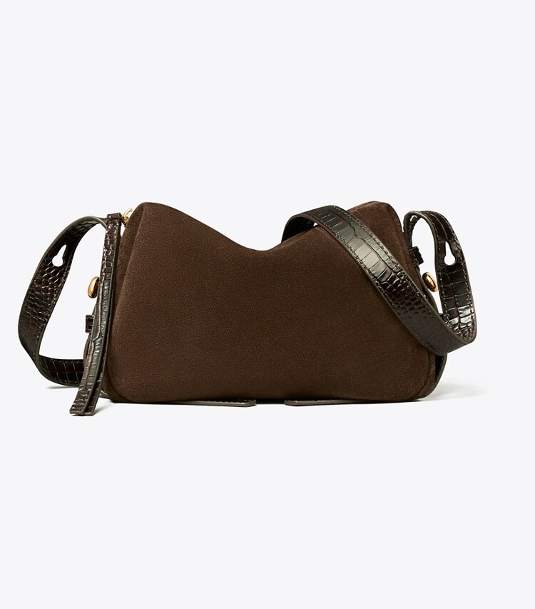 Tory Burch designer sacs à bandoulière Sac à bandoulière souple Romy en suède dans Dark Cocoa de face