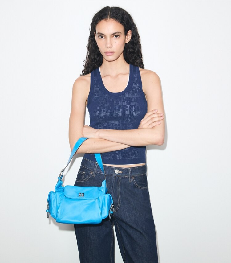 Tory Burch designer sacs porté épaule Sac à bandoulière Virginia Pocket dans Bay Blue accessoire sur le modèle