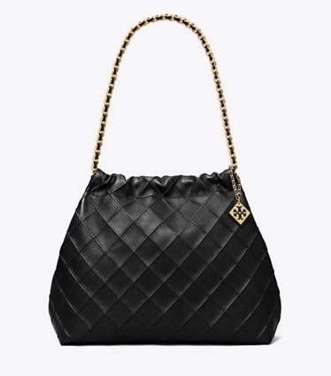 Tory Burch designer sacs hobo Sac à cordon de serrage Fleming en cuir souple in Black front
