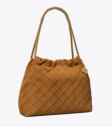 Tory Burch designer sacs hobo Sac à cordon de serrage Fleming en daim souple in Chicory Brown angle