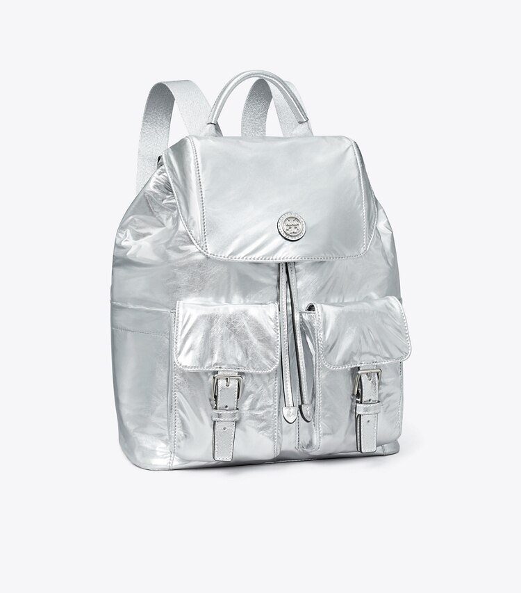 Tory Burch designer sacs à dos Sac à dos Virginia à rabat métallique dans Silver angle