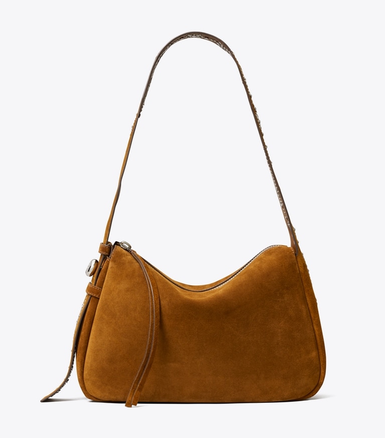 Tory Burch designer sacs porté épaule Sac à l’épaule Romy en suède clouté dans Caramel de face