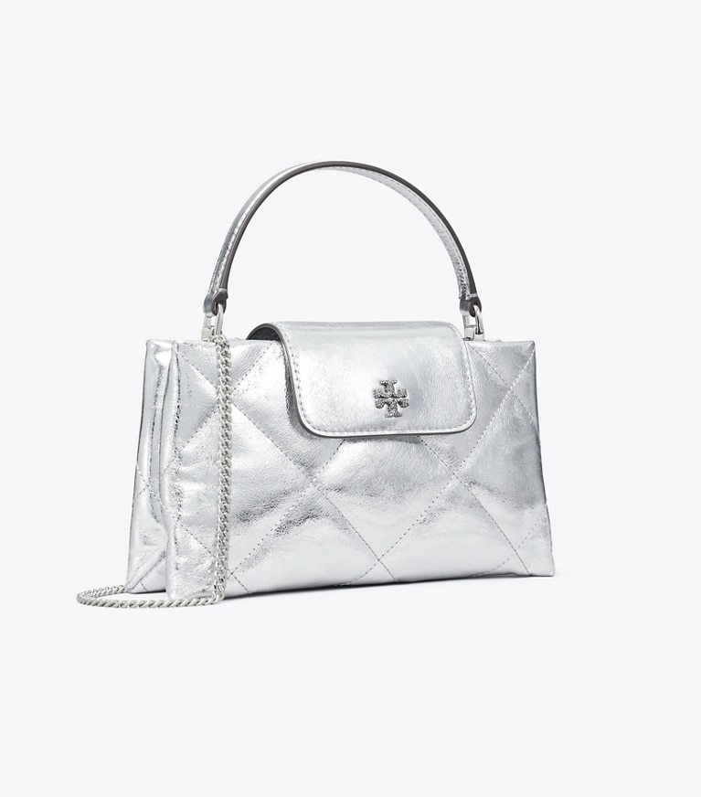 Tory Burch designer mini sacs Sac à main métallisé Kira à matelassage losange in Silver angle