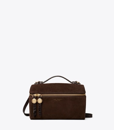 Tory Burch designer sacs à bandoulière Sac à poignée Slim Romy en daim in DARK COCOA front