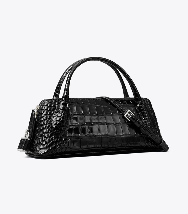 Tory Burch designer sacs à bandoulière Sac à poignée supérieure Lock en cuir embossé façon crocodile dans BLACK angle