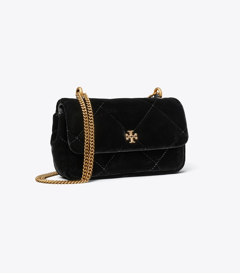 Tory Burch designer sacs à bandoulière Sac à rabat Mini Kira en velours à matelassage losange et cristaux in Black angle