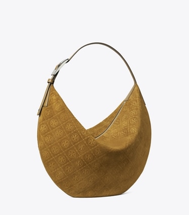 Tory Burch designer sacs hobo Sac Balloon T Monogram en daim in CHICORY BROWN angle